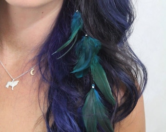 Turquoise Feather Hair Extension Clip - Teal Rooster Feather Clip Hair Extension