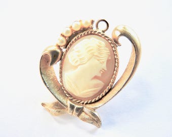 Mid Century Swiss Made Harvester Watch in 1930s Carved Shell Cameo Pendant
