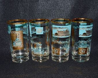 Steamship Design Tumblers, Mid Century Tumblers Juice Glasses, Federal Glass Tumblers, Gold and Aqua Design, Paddleboat Steamship Pattern