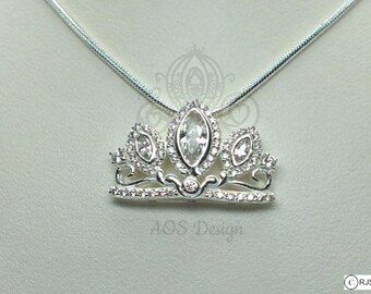 Rapunzel Tangled Pendant Necklace Disney Princess 925 Silver Tiara Crown Charm