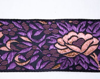 Ruban Tissé Noir Fleuri Nude Violet 5 cm x 50 cm