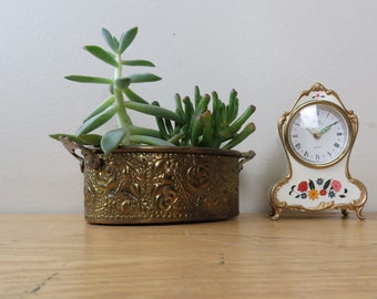 Vintage Linden Black Forest Alarm Clock, Western Germany Ivory & Gold Color Floral Pattern