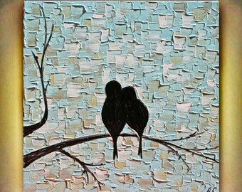 Original Abstract Love Birds Impasto Painting, Birds Blue Painting. Made2Order.