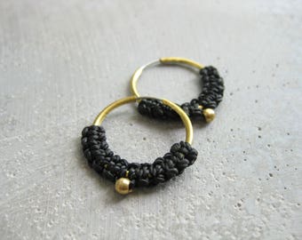 Black Brass Hoop Macrame Earrings. Textile Jewelry . Modern Fiber Textile Jewellery . Design by .. raïz ..