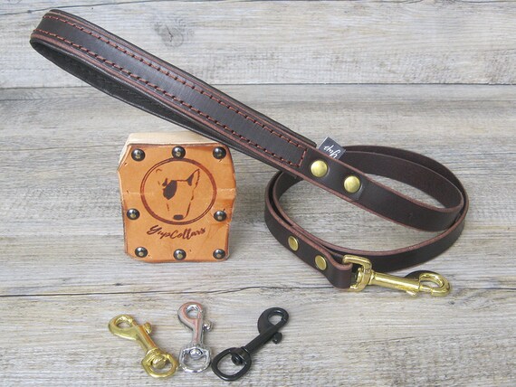 Brown Leather Dog Leash with Padded Handle, Custom Lenght and Width, Brass, Nickel or Black Hardware, Walking Dog Leash, Leather Dog Lead