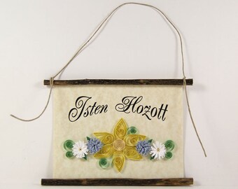 Isten Hozott, Hungarian Welcome, Paper Quilled Welcome Sign, 3D Quilled Banner, Yellow Blue White Decor, Hungary Gift, Rustic Wall Decor