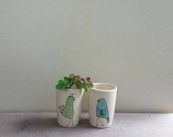 Mini bird vase, a pair of small green and blue bird vases, stocking stuffer