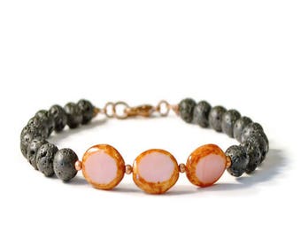 Aromatherapy Essential Oil Diffuser Bracelet, Lava Stones & Pink Czech Glass