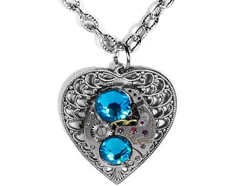 Steampunk Jewelry Necklace Vintage Ruby Watch Silver HEART Turquoise Crystals Wedding, Bridesmaids, Mothers Day Gift - Steampunk Boutique