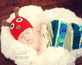 Crochet Newborn baby Hungry Caterpillar Hat and Cocoon, PHOTO PROP, Hungry Caterpillar set-Made to order