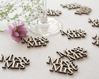 Wedding table confetti. Rustic boho wooden scatter 'Mrs & Mrs' cut out text. Gay lesbian wedding Civil Partnership LGBT L73
