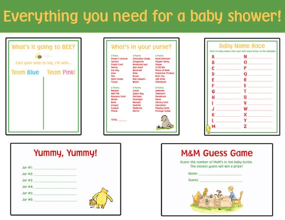 6 Printable Digital Classic Winnie the Pooh Baby Shower Games