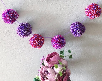 Bright Multi Colored Yarn Pom Pom Garland// Nursery Decor // Pink, Purple, White, Red Pom Poms