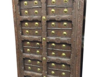 Antique Old Door Brass Armoire Hand Carved Cabinet Storage Indian Furniture