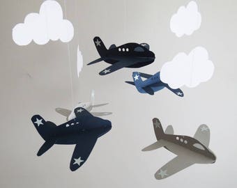 Airplane Mobile - Baby Mobile, Nursery Mobile, Navy and Grey Airplanes, Boy Mobile, Hanging Mobile, Cloud Mobile, Aviation Mobile.