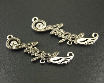 Angel word charms, Angel charms, 10 pcs, Antique silver charms, Alloy charms, Metal charms, Cheap charms, Wholesale, 43 mm x 13 mm, B199