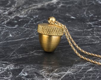 Long Gold Acorn Pendant Cremation Necklace, Mourning Jewelry Locket Canister, Acorn Necklace Living Locket, Ashes Pendant, Funeral Gift