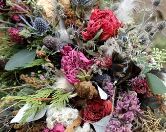 dried flower bouquet, mauve bridal bouquet, rust bridal bouquet, rust wedding, pheasant feather bouquet, dark pink bouquet, woodland bouquet