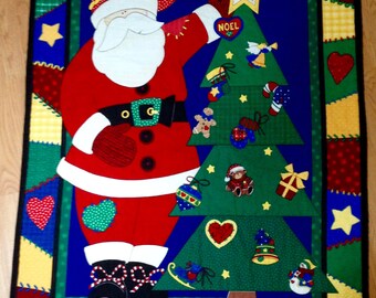 Christmas Throw Quilt, Preprinted panel with Santa and Christmas Tree, Lap Quilt, Christmas Wall Hanging, Quiltsy Handmade