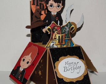 Harry Potter, Happy Birthday handmade 3D pop up greeting card, golden