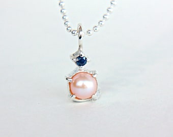 Pearl & Blue Sapphire Pendant Sterling Silver Pearl Charm Solitaire Necklace Pendant Natural Pearl Sapphire Jewelry Necklace