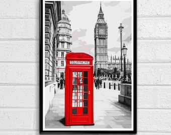Red Phone Booth and Big Ben - London Pop Art Palace of Westminster Print and Poster England Monument UK Landmark Travel Home Decor Canvas