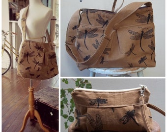 Brown Dragonfly Bag & Wristlet SET- 2 Pc - Adjustable Strap - 7 Pockets - Key Fob