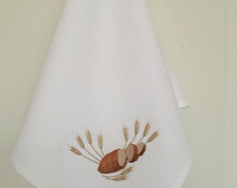 Linen Dish Towel Tea Towel Kitchen Decor Embroidery Bread and Cereals Gift