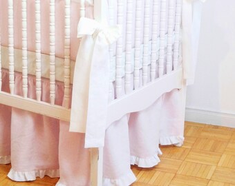 Linen Crib bedding - gathered skirt light pink with white ruffle , - Girl Nursery bedding
