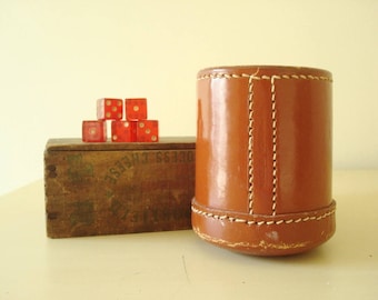 Vintage leather dice cup & red cherry juice dice, dice game, made in Hong Kong, man cave, bar accessory, gift for guys, heavy leather cup