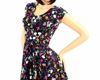 Rainbows & Unicorns UV Glow Scoop Neck Cap Sleeve Fit and Flare Skater Skate Dress -E8235