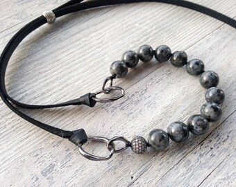 Gemstone choker / Labradorite choker / Adjustable gemstone necklace / Beaded choker / Labradorite necklace / Black choker / Leather necklace