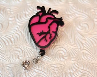 3d cardiac heart - professional nursing badge holder - retractable - badge reel - badge clip - name badge holder - nurse jewelry