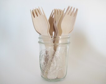 Wooden Forks-50 Disposable Wooden Forks-Wooden Utensils-Dessert Fork-Mason Jar Forks-Wood Silverware-Wedding Wooden Fork