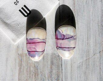 80's ceramic earrings / abstract earrings / shield earrings / vintage earrings / 80's earrings / purple earrings / hand painted earrings