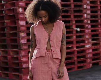 Pinstriped// Red//Lined//Culottes//Pants//w/ Pockets// 2 Piece// Set// White//