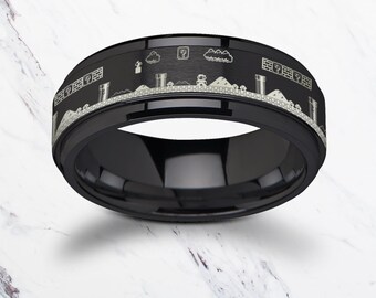 Laser Engraved Fidget Spinner Black Tungsten Ring Super Mario Bros Level Pixel Mushroom & Polished Edges - 8mm - Lifetime Size Exchanges