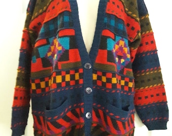 The Peruvian Connection Womens Sweater Sz. M 100% Alpaca Cardigan, Southwestern, Color block, Geometric, Vintage 80s, 90s