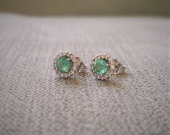 Antique Emerald and Diamond Earrings Studs Post Posts 14K Yellow white Gold "The Utopia"