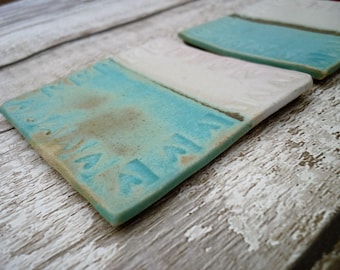 Ceramic stoneware coasters, hand made one off pottery, turquoise, white, lovehearts uk