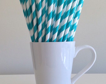Teal Striped Paper Straws Aqua Party Supplies Party Decor Bar Cart Cake Pop Sticks Mason Jar Straws Graduation