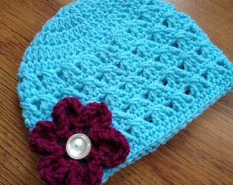 PDF Crochet Pattern - Criss-Cross Beanie Hat with CURLED FLOWER- 6 sizes - Newborn to Adult