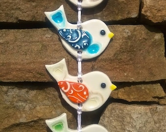 String of Handmade Ceramic Hanging Birds