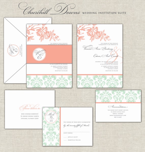 Peach and Mint Wedding Invitation Set with Damask Custom