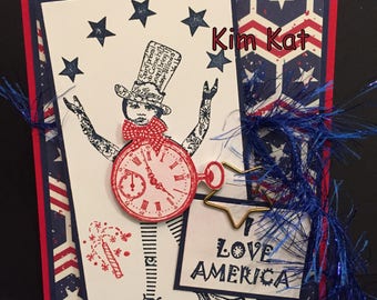 4th of July Card I Love America Pop Up 3D Whimsical Red White Blue Stampin Up OOAK Mixed Media Handmade