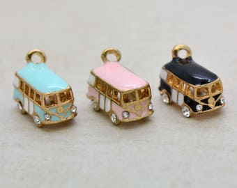 Enamel Volkswagen Van Charm Hand Painted Enamel 24K Gold Plated Brass Crystal Rhinestone Volkswagon Pendant (AT067-69)