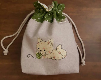 Kitten medium knitting project bag, cat drawstring bag, cat crochet project bag, sock project drawstring pouch, cat knitting bag