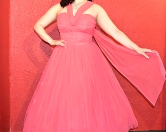 1950s Stunning Pink Chiffon Party Dress Shelf Bust Rhinestones VLV