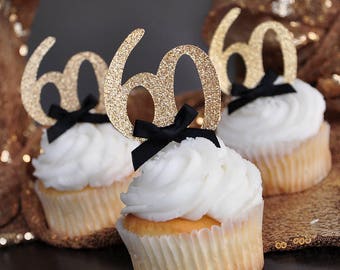 60th Birthday Party Ideas. Handcrafted in 2-5 Business Days. Glitter Gold Number "60" Cupcake Toppers 12CT.