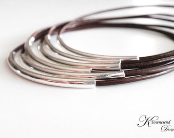 Brown Leather Bangle Bracelet, Leather Bracelets for Women, Leather Jewelry, Silver Bangle, Bangle Set, Bohemian Jewelry, Boho Jewelry,